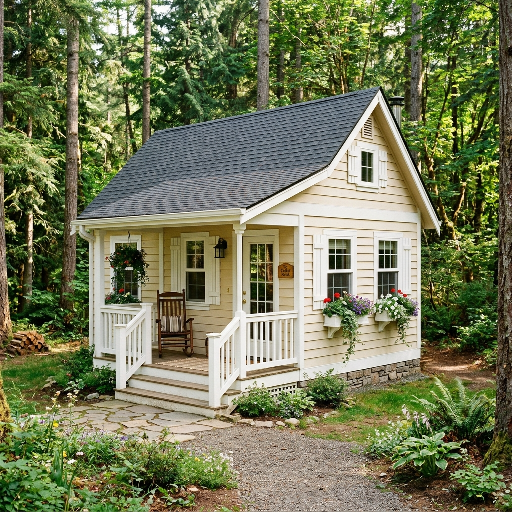 Park model prefab tiny house with a traditional design in a wooded setting.
