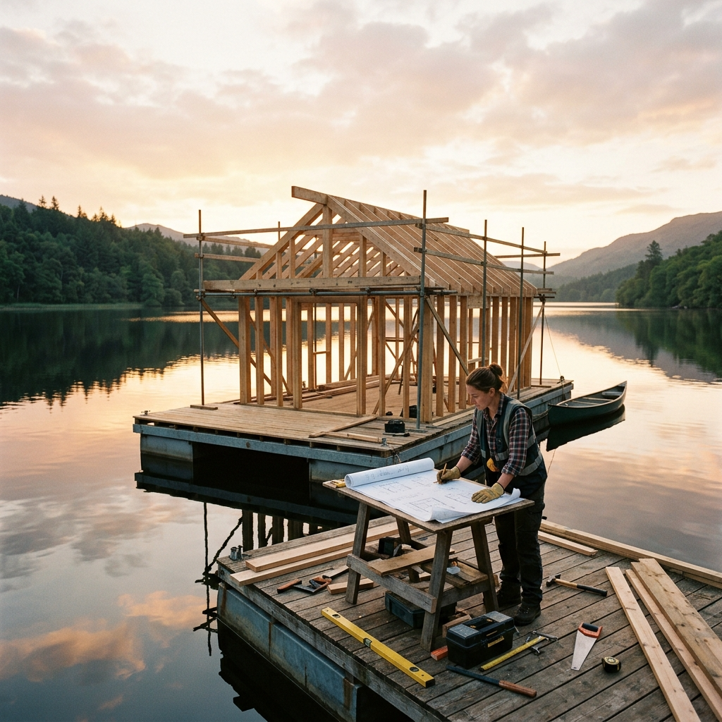 Partially built houseboat on a calm lake with blueprints and tools nearby at sunrise.