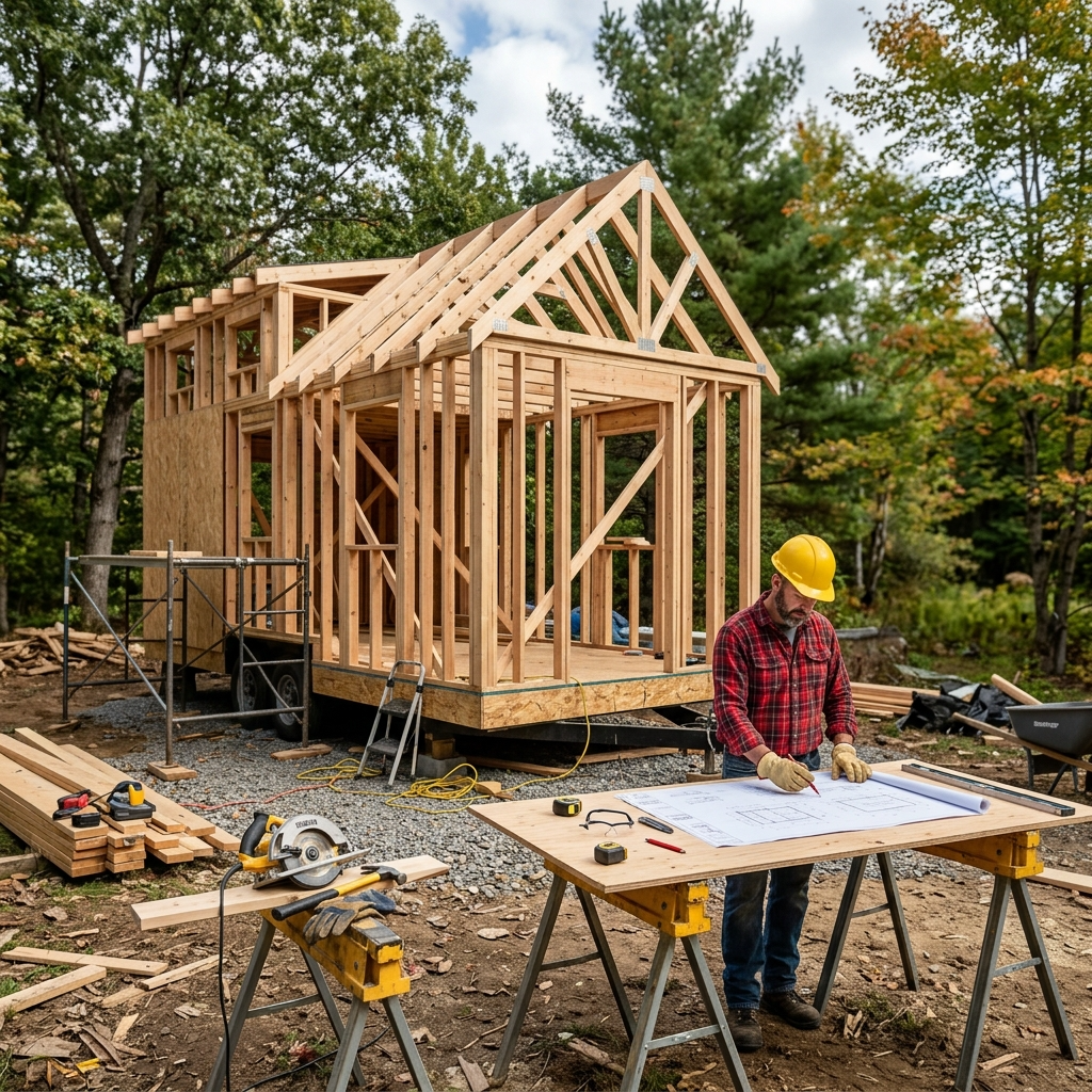 Partially built tiny house with wooden frame and blueprint in a rural setting.