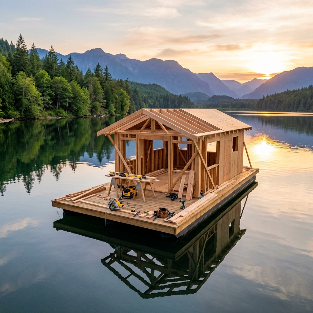 Floating dreams in black & white! This sleek houseboat blends dark wood, metallic accents, and clean lines for a modern vibe. Whats your dream houseboat design? Share your ideas!  #HouseboatLife #ModernDesign #FloatingHome #InteriorInspo