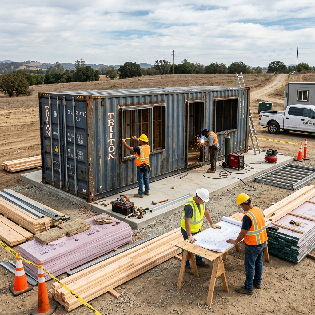 Partially constructed shipping container home on a cleared site with tools and a natural landscape.
