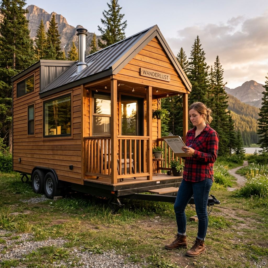 Person analyzing costs next to a tiny house on wheels in a natural setting.