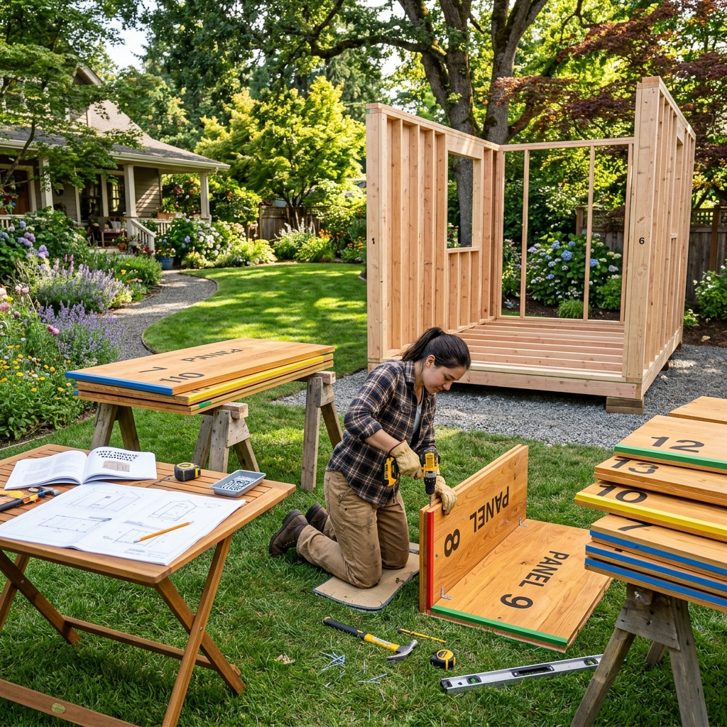 Person assembling a tiny house kit in a backyard with numbered and color-coded wooden panels.