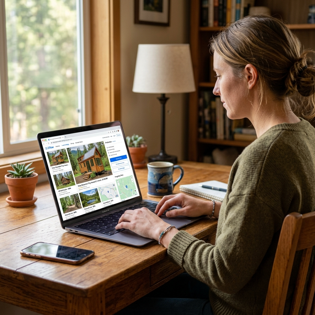 Person browsing real estate websites for tiny house land listings.