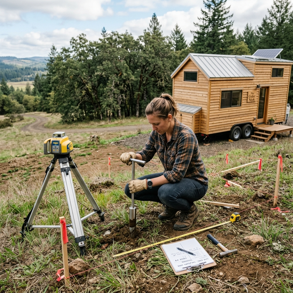 Person evaluating sloped land for tiny house placement, checking soil and drainage suitability.