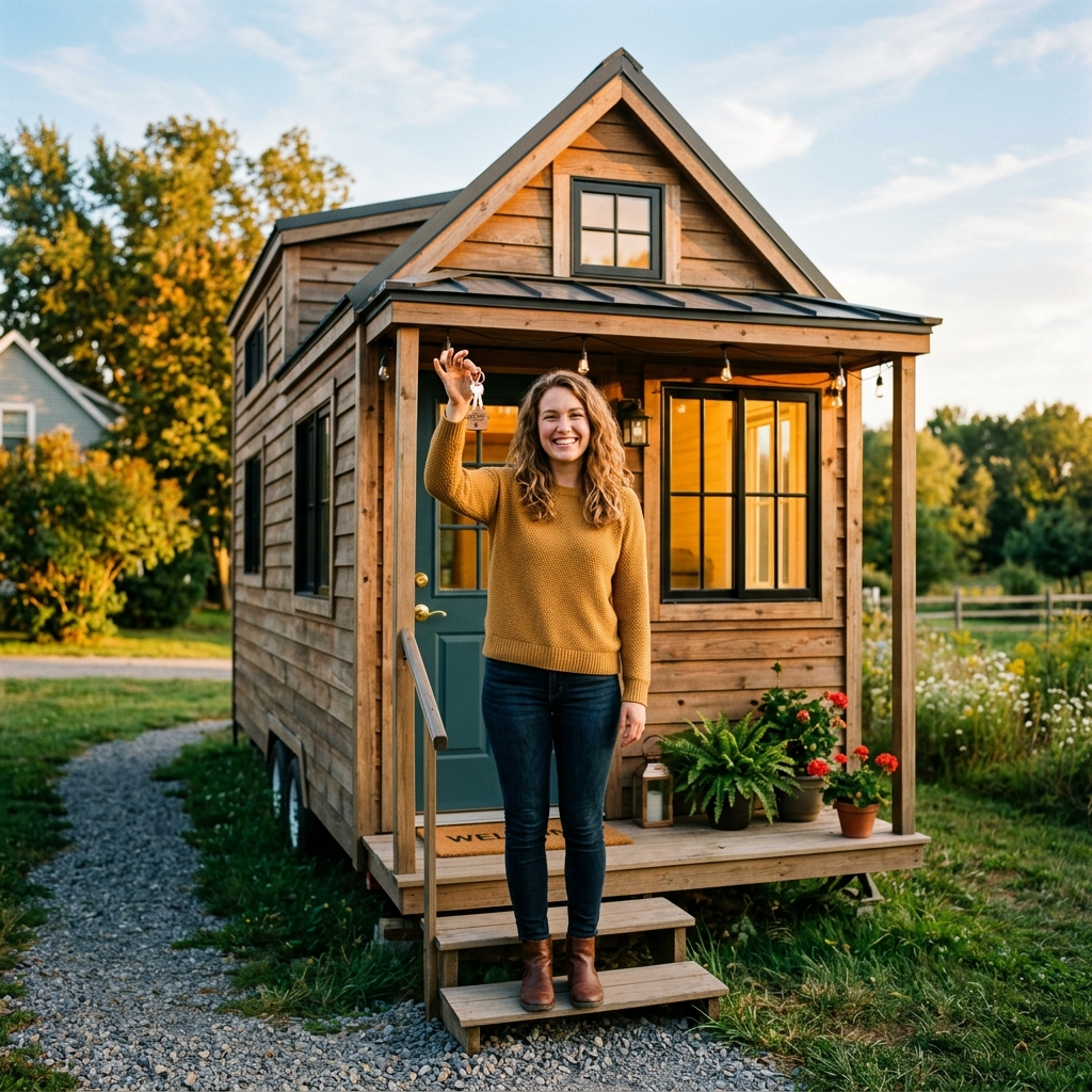 Person holding keys in front of a tiny house, symbolizing ownership.
