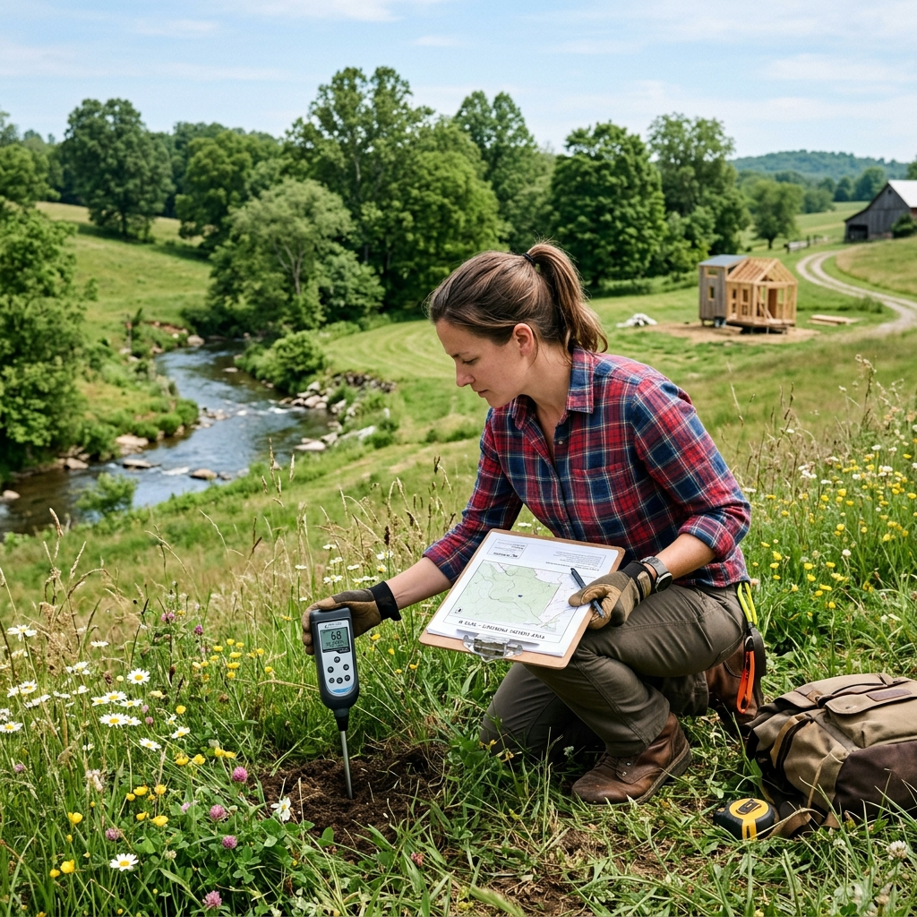 Person inspecting land for a tiny house with clipboard and soil testing device.