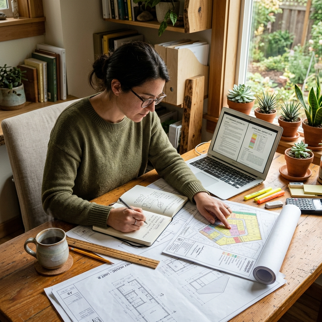 Person researching zoning laws for tiny house placement with maps and blueprints on a desk.