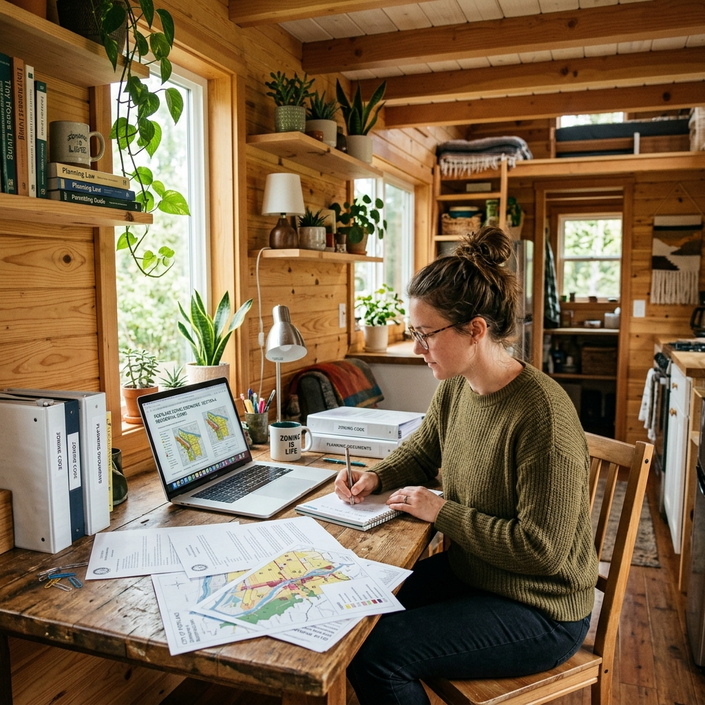 Person researching zoning laws for tiny house placement on a laptop with documents and maps on a desk.
