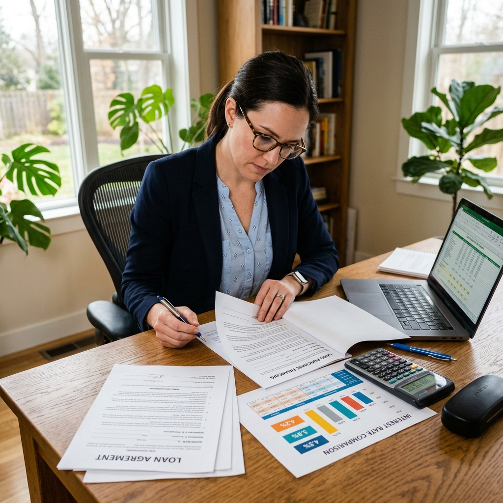 Person reviewing financing options for land purchase with loan documents and calculator.