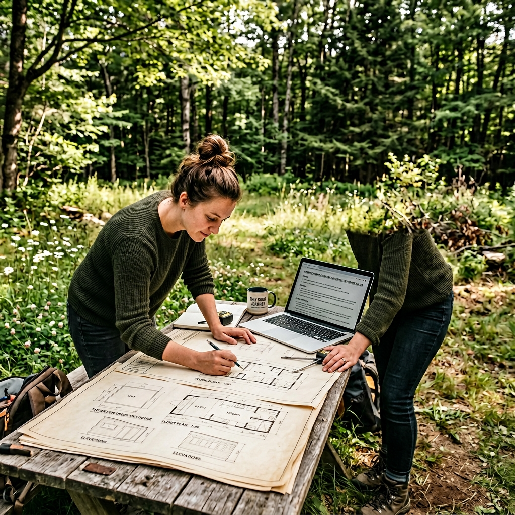 Person reviewing zoning laws on a laptop next to tiny house blueprints on a wooded plot of land.
