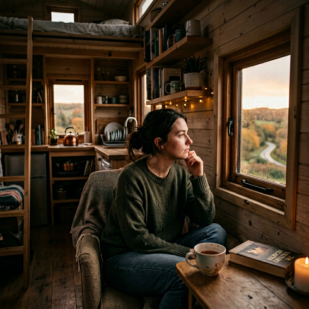 Person sitting alone in a tiny house, looking out a small window, reflecting isolation and emotional challenges of tiny living.