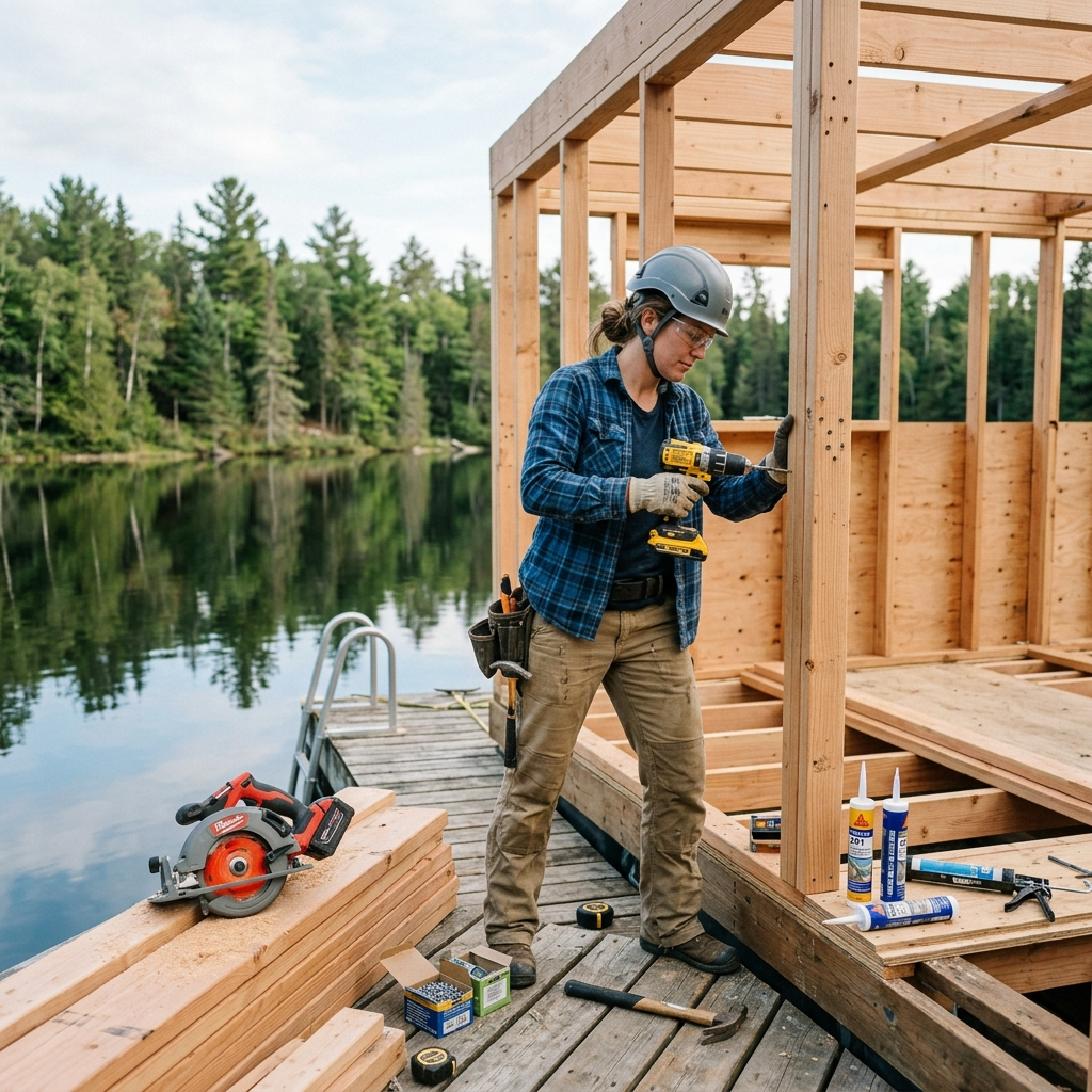 Person using a power drill on a houseboat frame by a lake with tools nearby.
