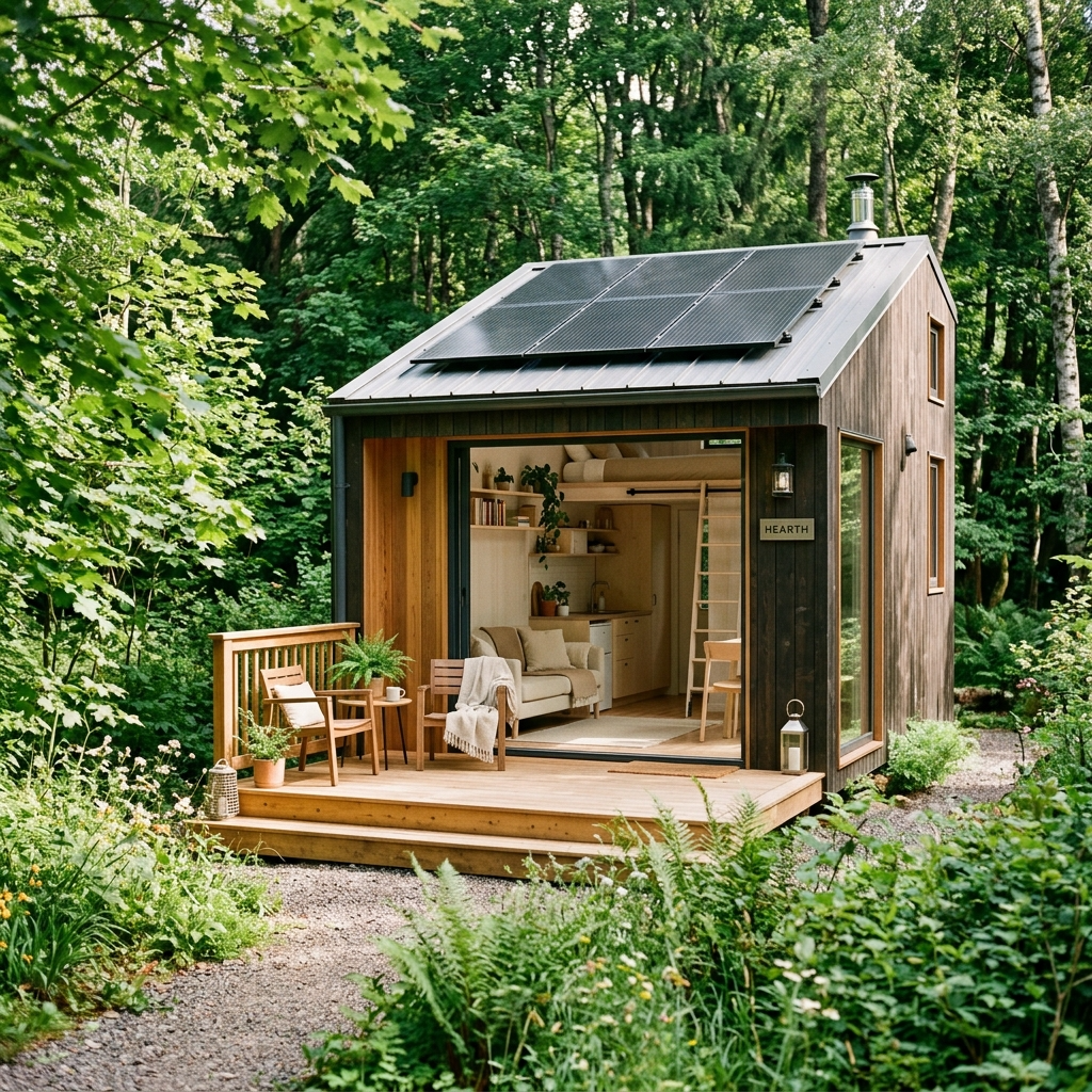 Prefab tiny house with solar panels and eco-friendly design in a natural setting.