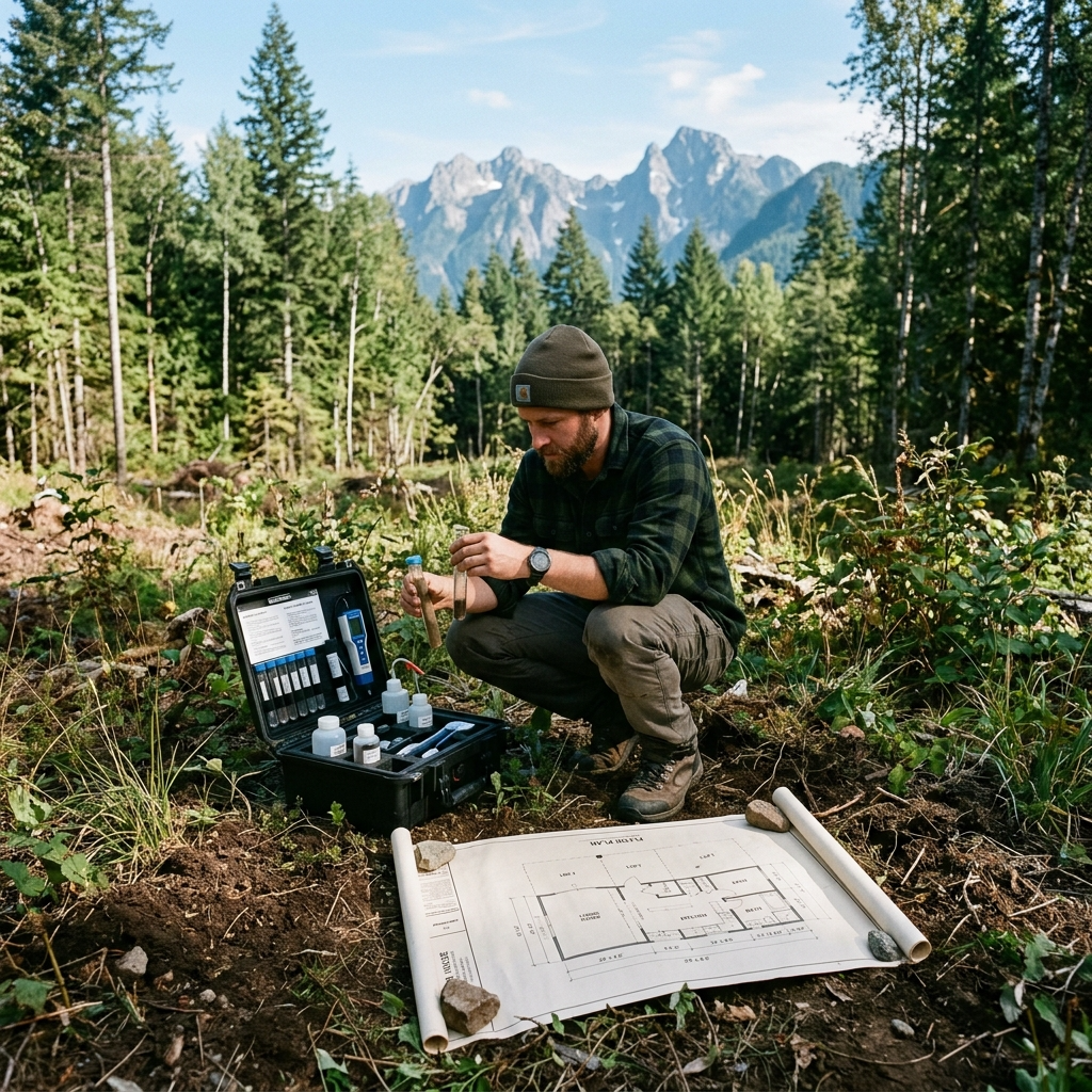 Raw land with soil testing kit and tiny house blueprint in a natural setting.