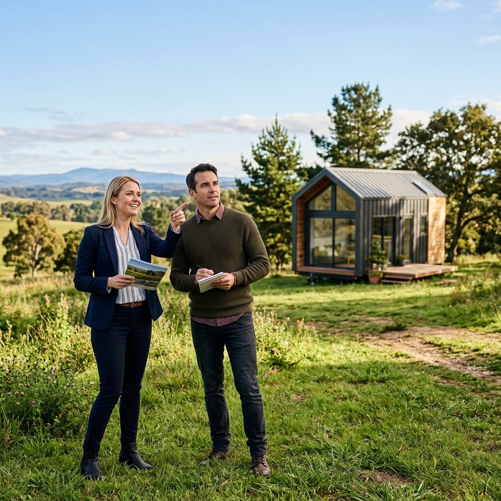 Real estate agent and buyer on scenic land with tiny house in background.