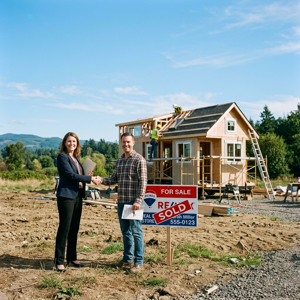 Real estate agent and client shaking hands near a 'For Sale' sign and tiny house construction site.