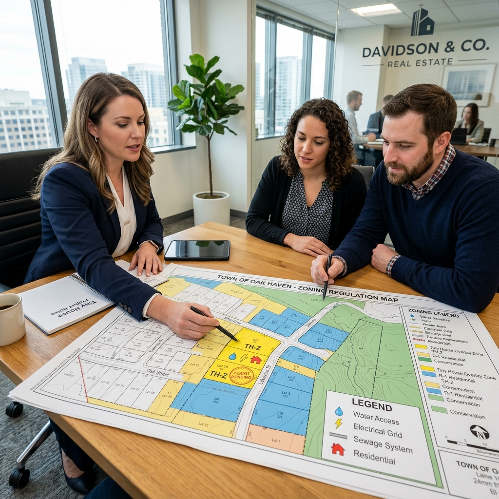 Real estate agent showing a map of tiny house plot options with zoning details.