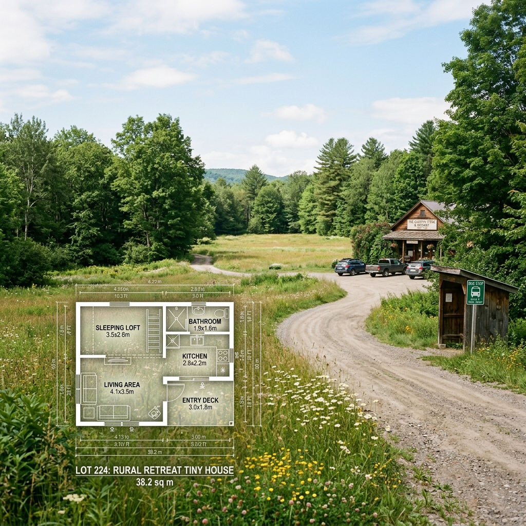 Rural land for a tiny house with blueprint overlay showing layout and nearby amenities.