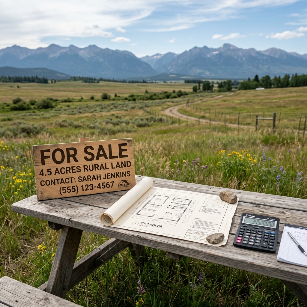 Rural land with a 'For Sale' sign, tiny house blueprint, and calculator, symbolizing budgeting for land.