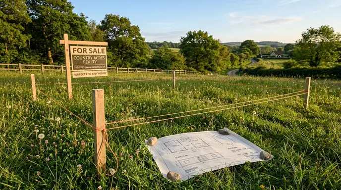 Rural plot of land marked for sale with tiny house blueprint, surrounded by trees.