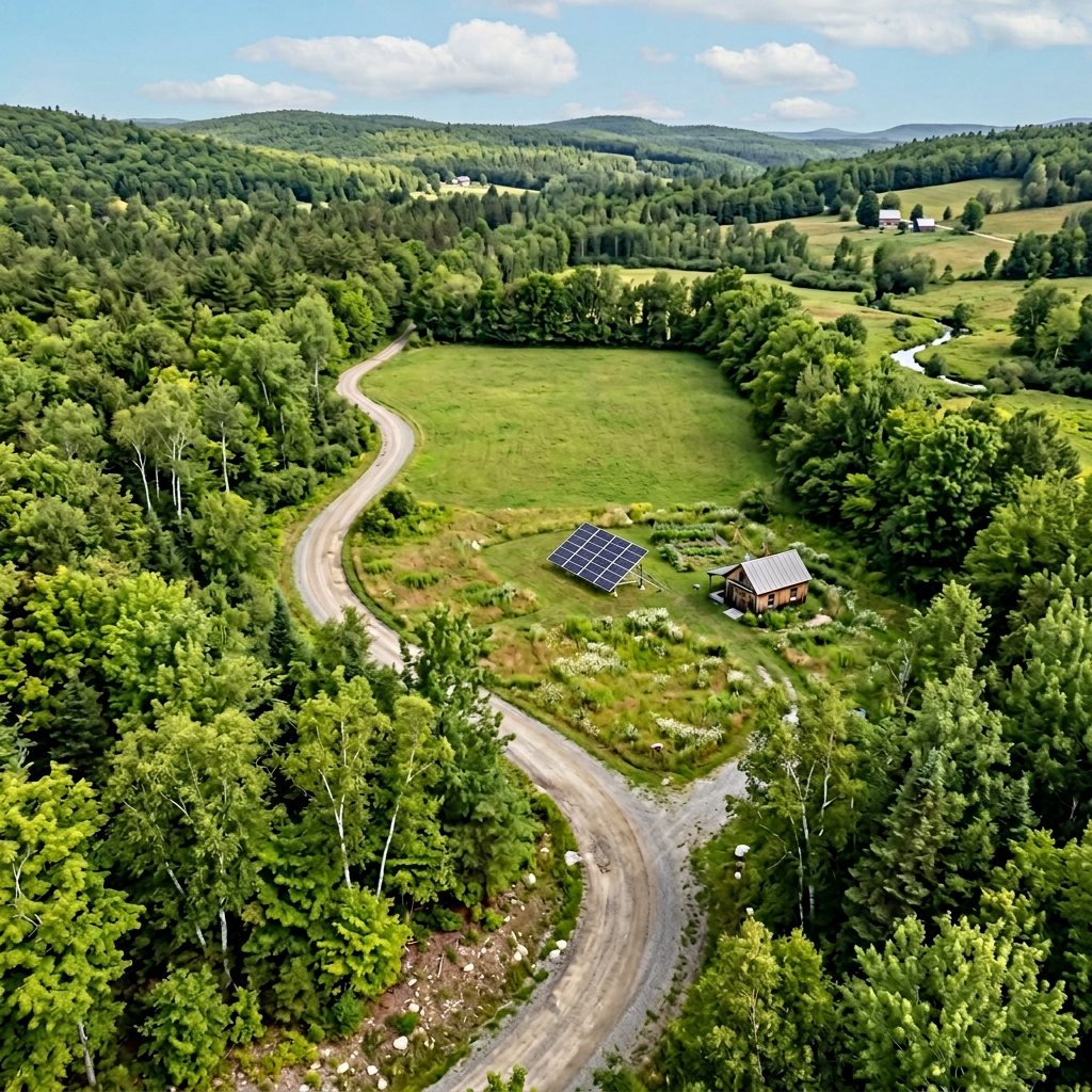 Rural property with flat land and solar panels, perfect for a tiny house.