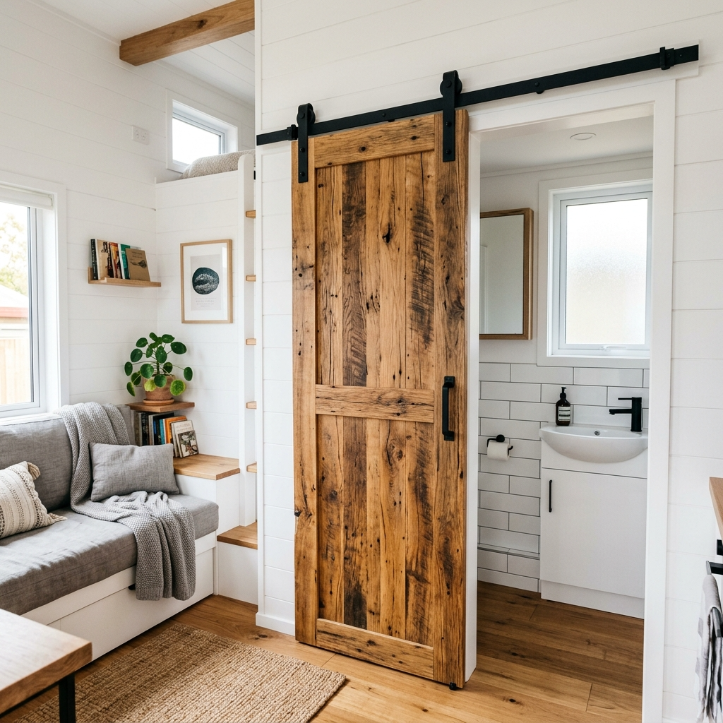 Sliding barn door in a tiny house, made of reclaimed wood, separating the living area from the bathroom.