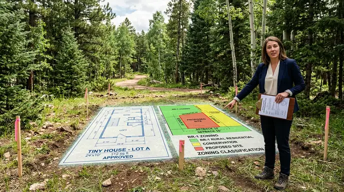Small plot of land with zoning map and tiny house blueprint, highlighting zoning laws for tiny homes.