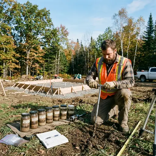 Soil engineer testing rural land with tiny house foundation in progress nearby.