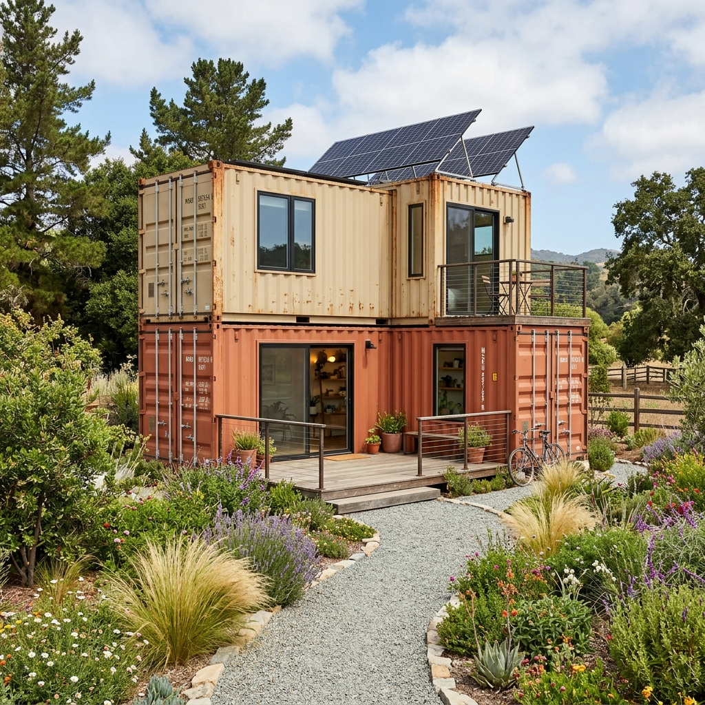 Stacked shipping containers with solar panels and a garden, showcasing modular and sustainable design.