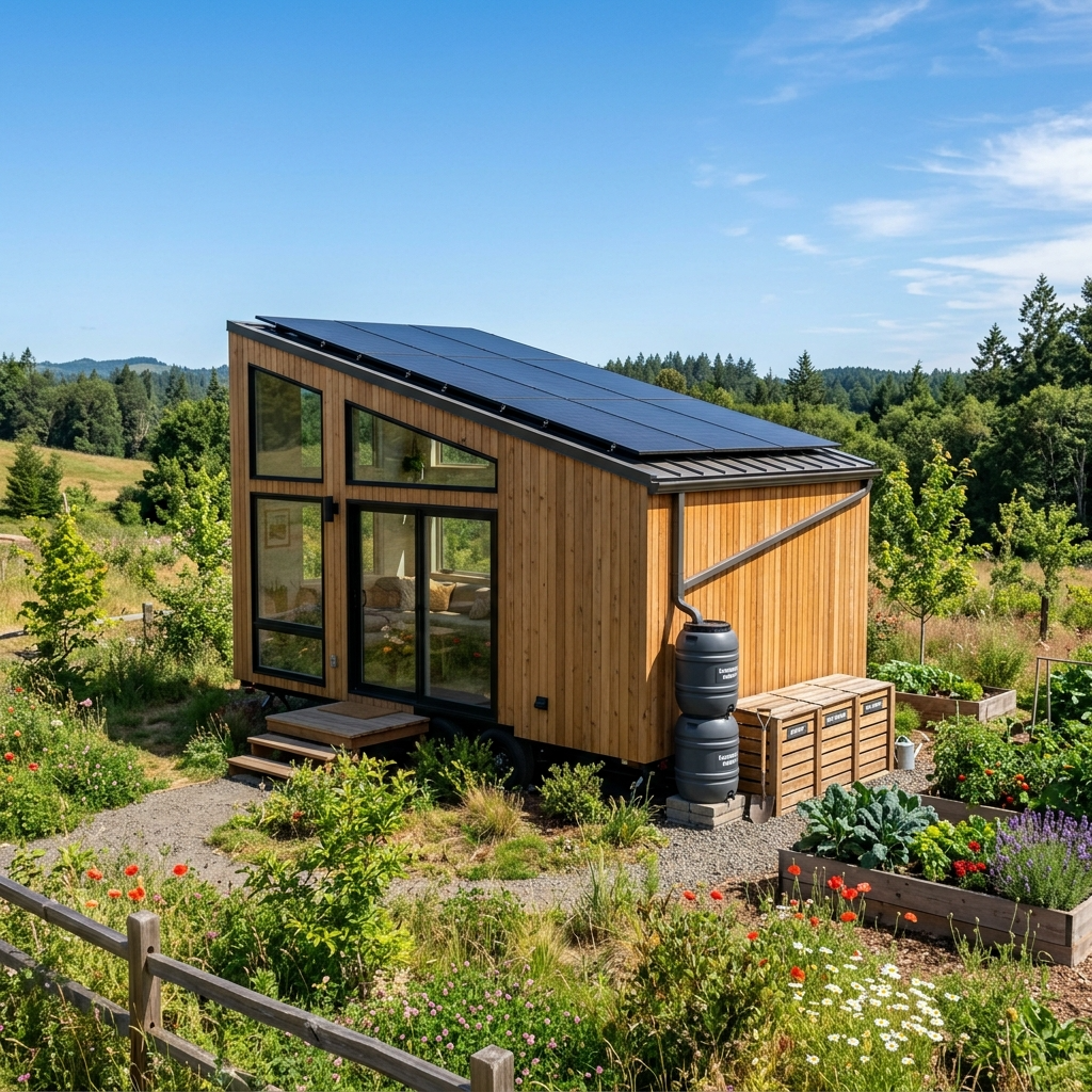 Sustainable tiny house with solar panels, rainwater harvesting, and composting area on green land.