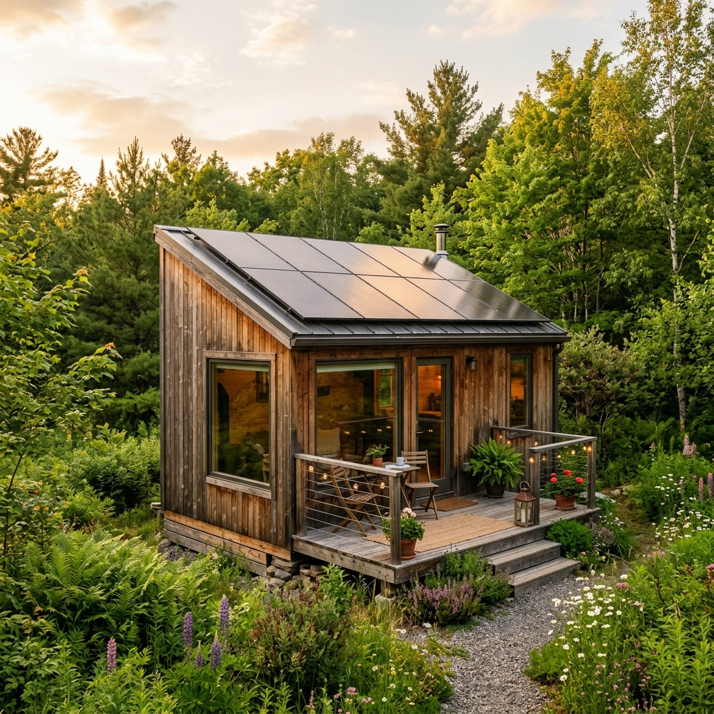 Sustainable tiny house with solar panels surrounded by greenery.