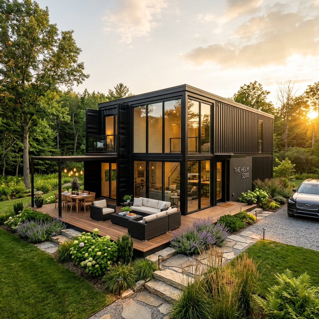 The Helm 3200 container home with a spacious deck and seamless indoor-outdoor design surrounded by greenery.