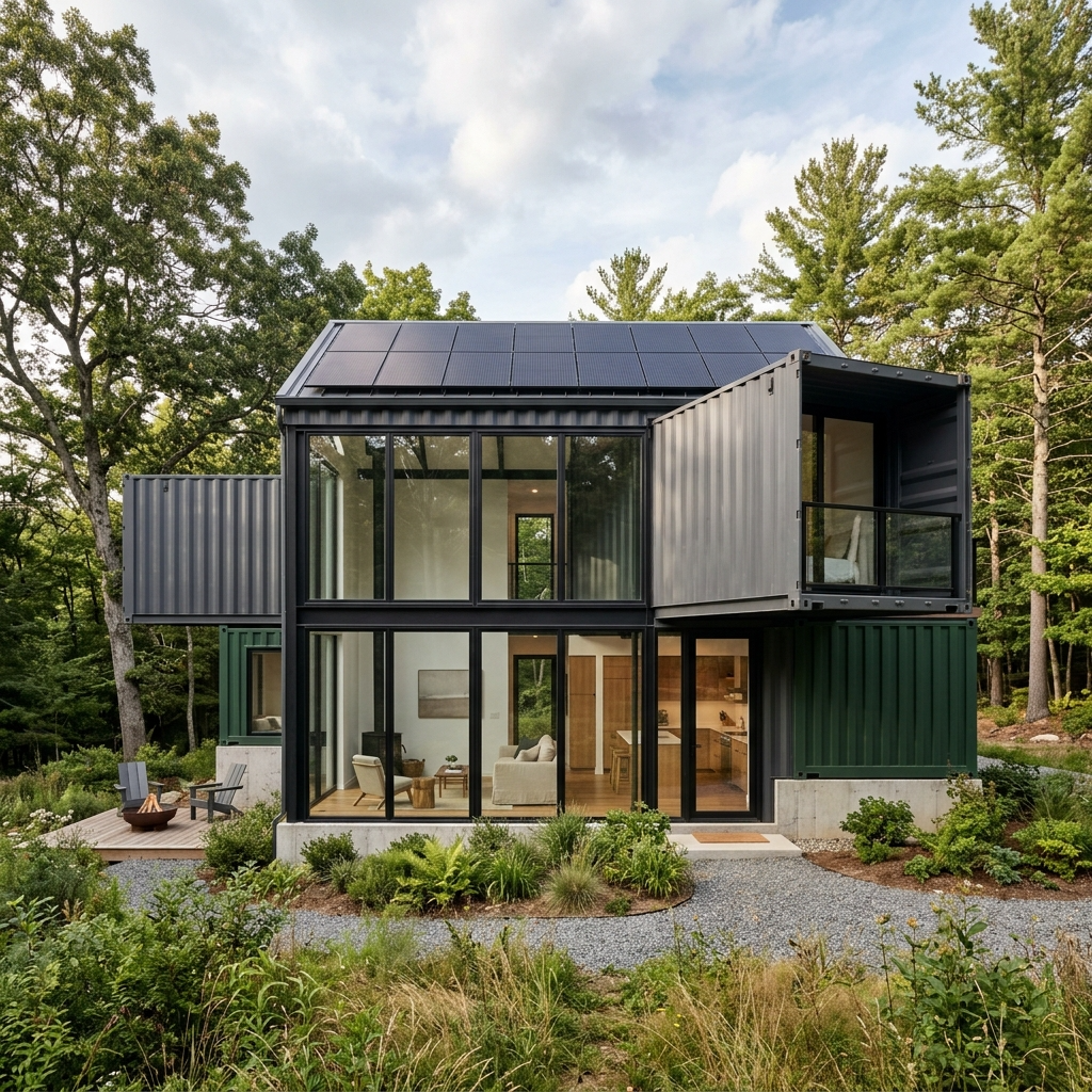 The Helm shipping container home with high ceilings and floor-to-ceiling windows in a sustainable setting.