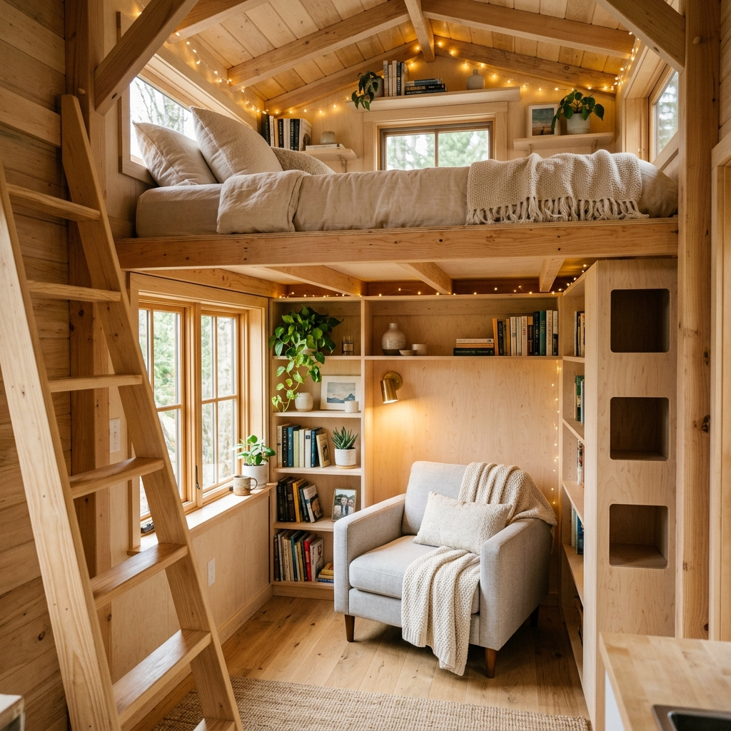 Tiny house bedroom with a loft bed and a reading nook underneath, maximizing vertical space.