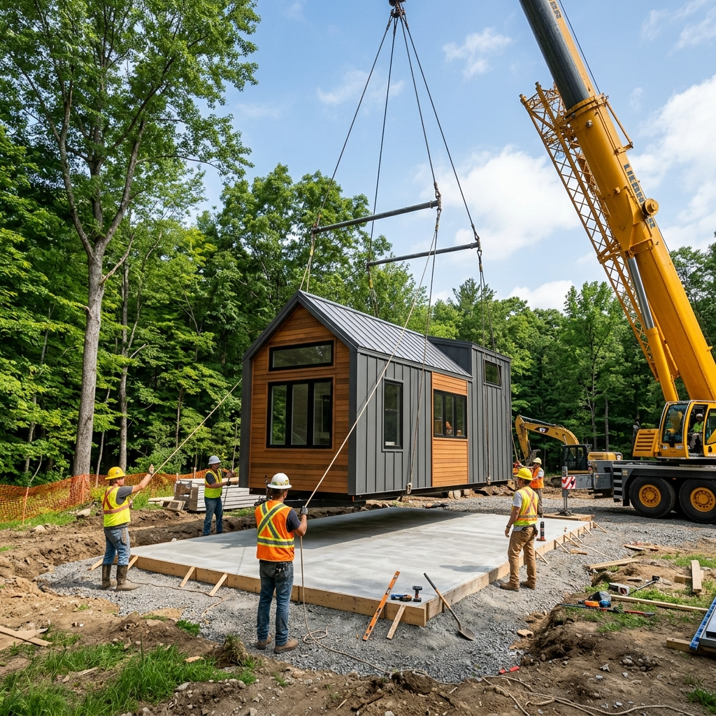 Tiny house being placed on a concrete slab foundation using a crane, with workers guiding the process.