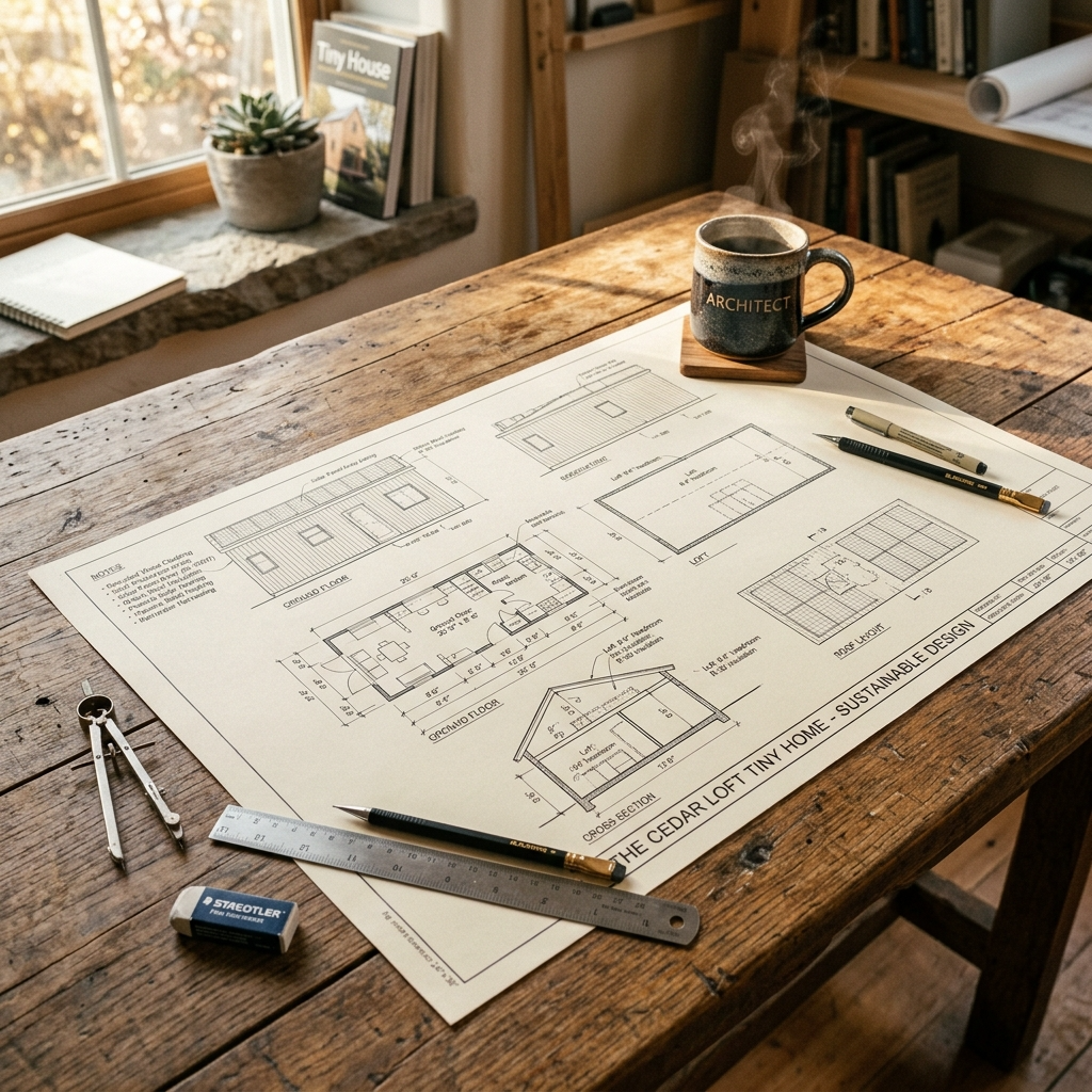 Tiny house blueprint on a wooden table with drafting tools and natural light.