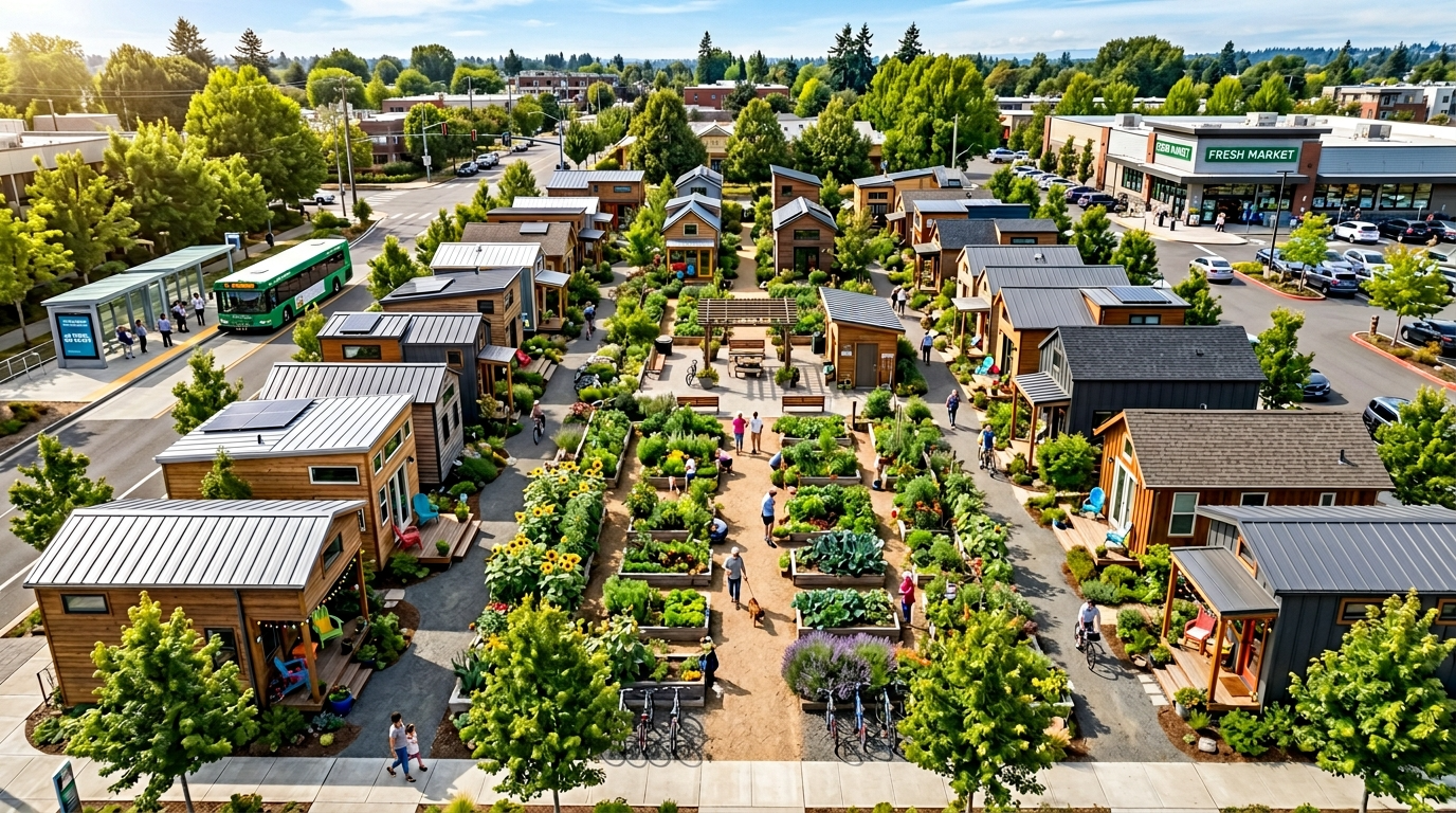 Tiny house community near a garden, with grocery store and public transport stop nearby.