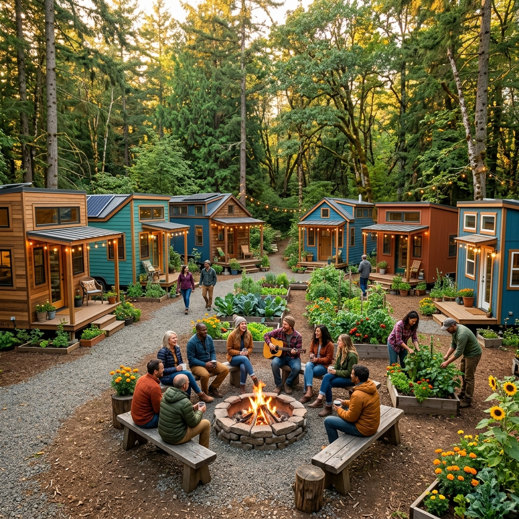 Tiny house community with shared amenities and people enjoying communal living.