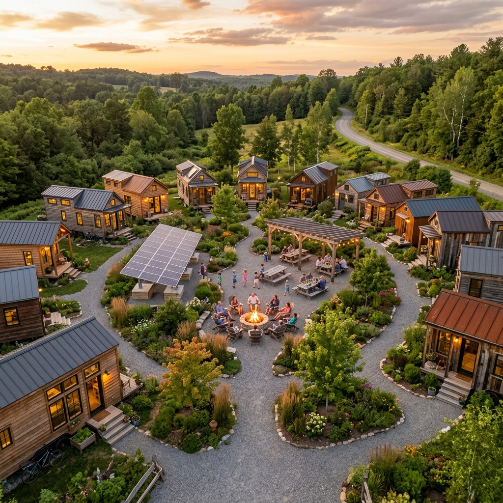 Tiny house community with shared amenities like a fire pit and solar panels.