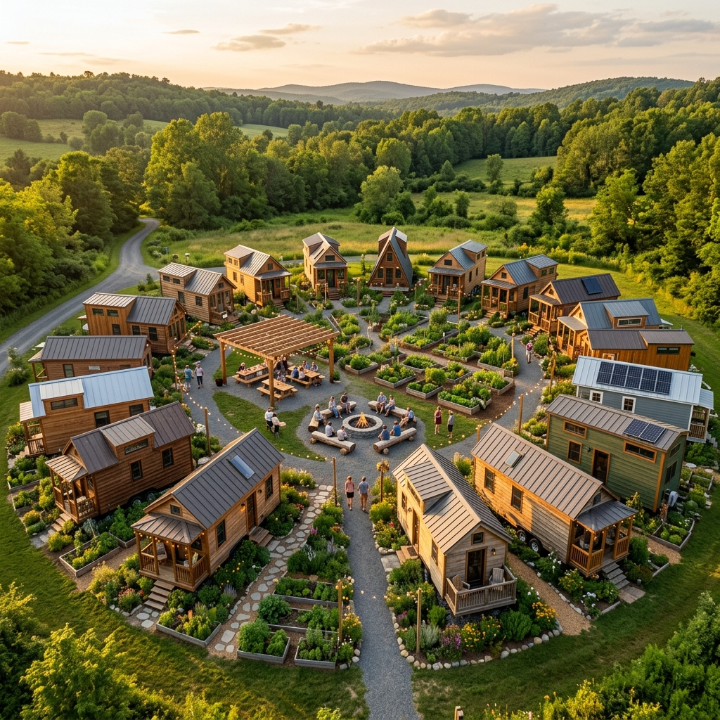 Tiny house community with shared amenities like a garden and fire pit.