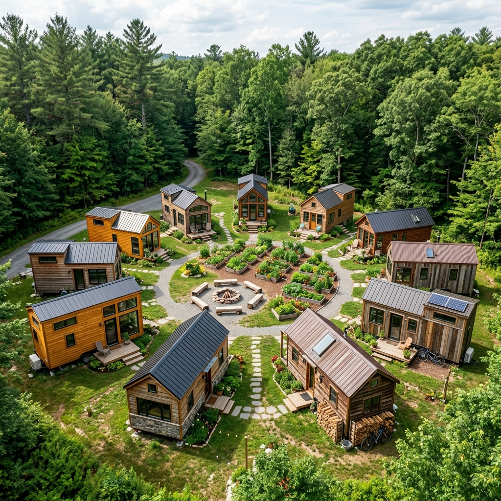 Tiny house community with shared garden and fire pit, promoting sustainable and communal living.