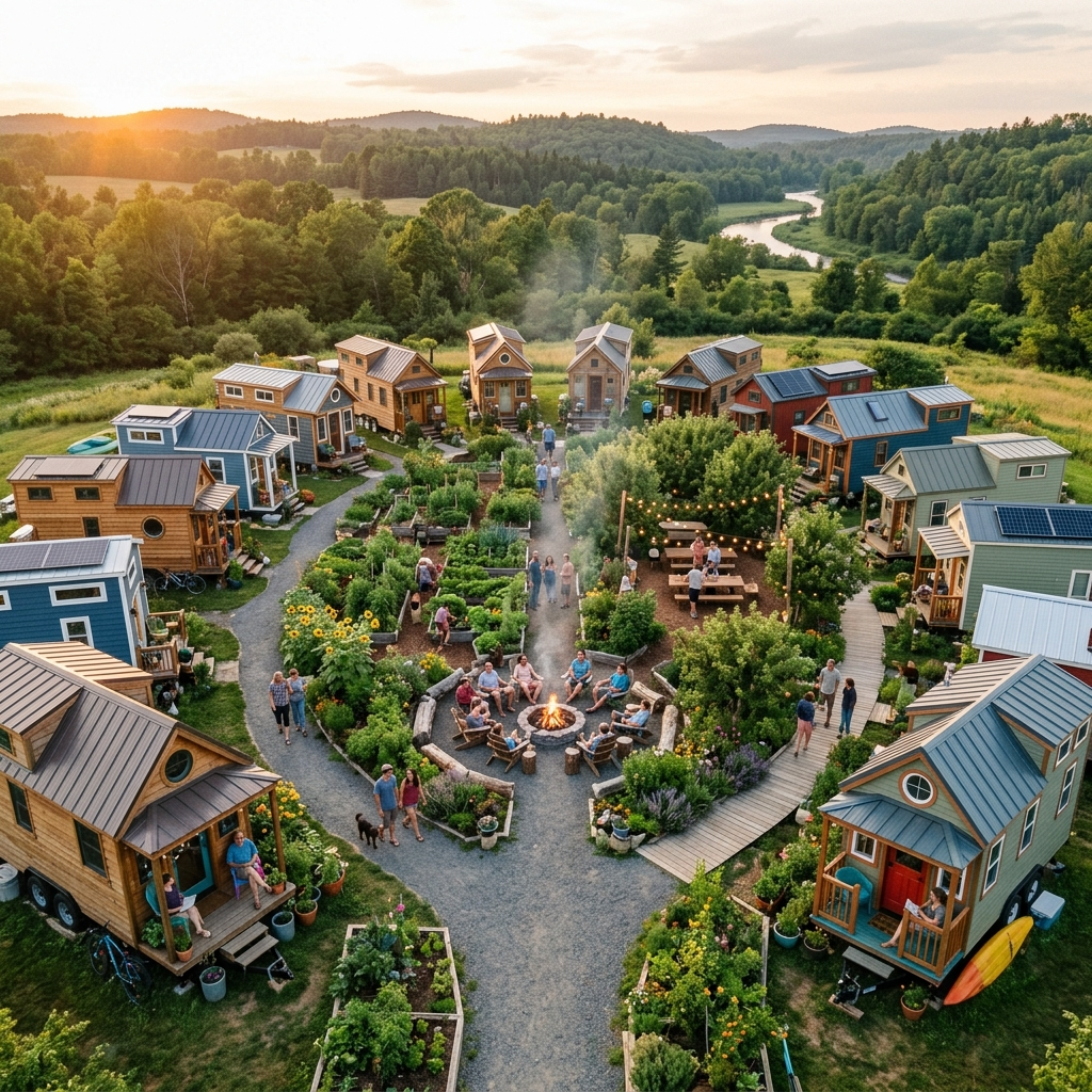 Tiny house community with shared garden space and social atmosphere.