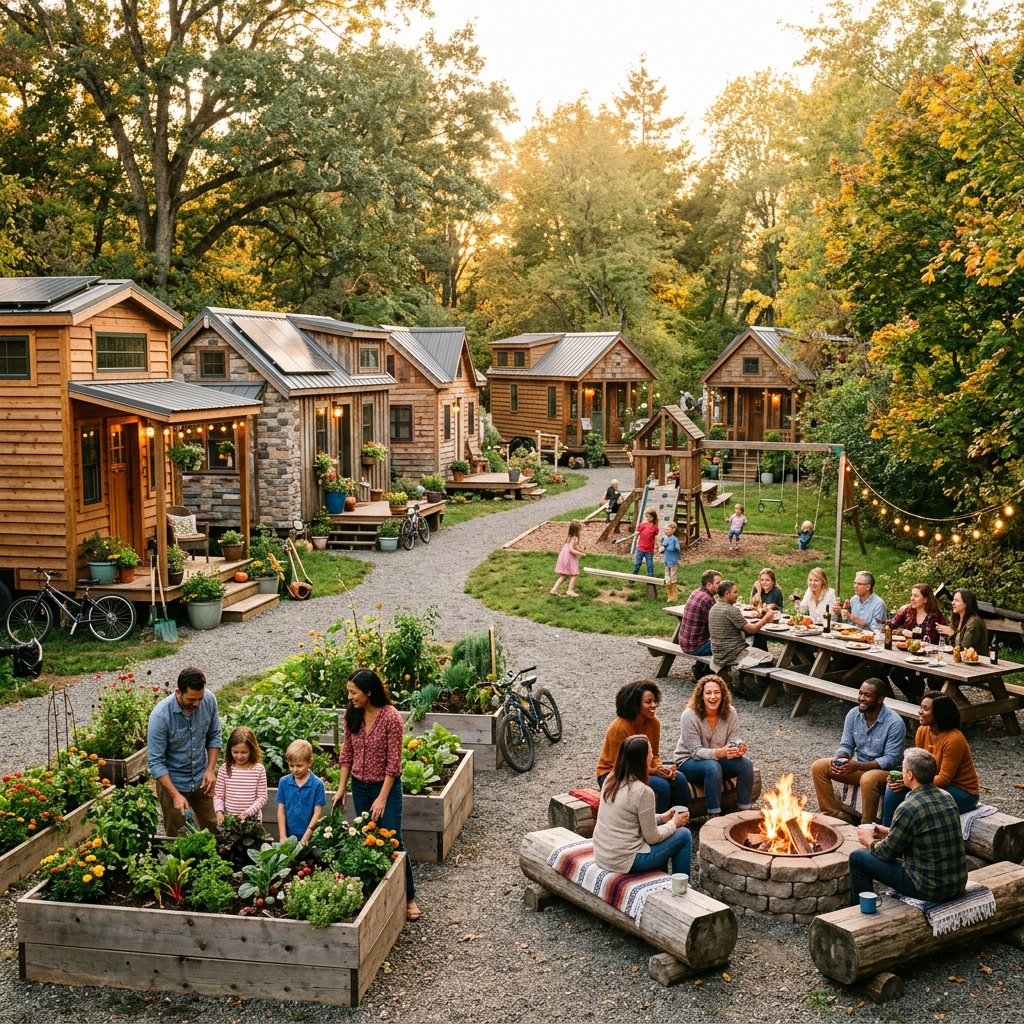 Tiny house community with shared spaces like a garden and picnic tables.
