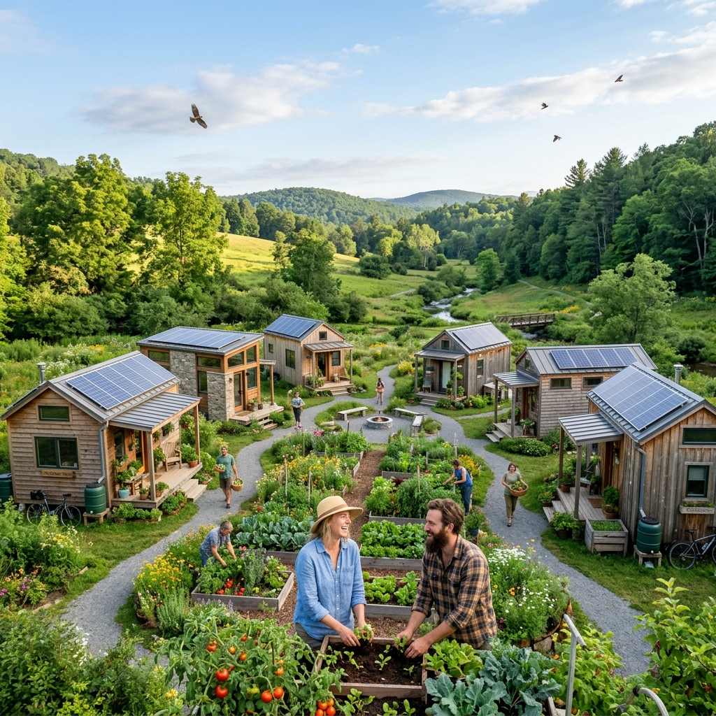 Tiny house community with solar panels and shared garden in a green valley.