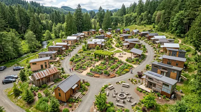 Tiny house community with sustainable homes, shared garden, and outdoor spaces.