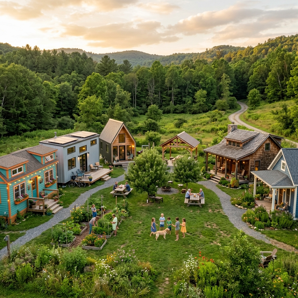Tiny house community with various home styles on shared green space.