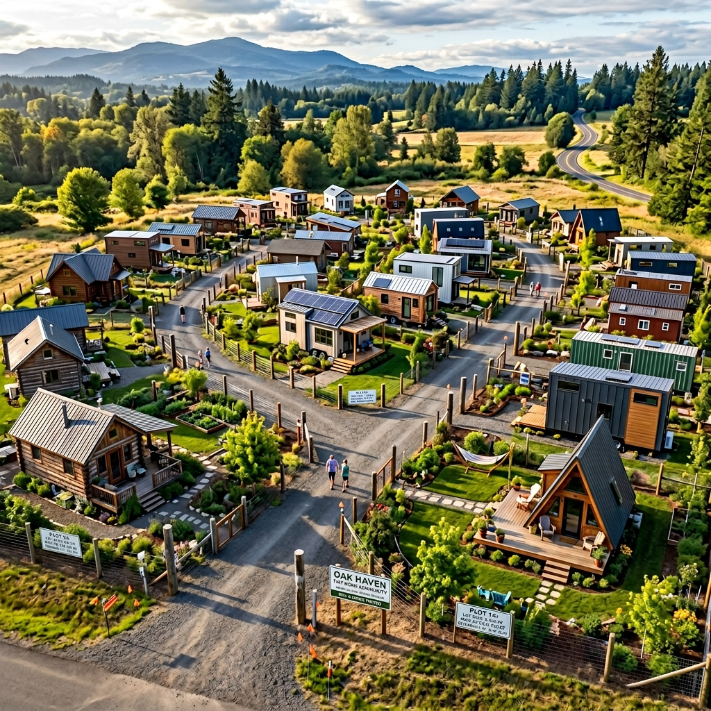 Tiny house community with zoning markers and varied plot sizes.