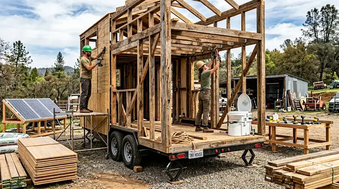 Tiny house construction site with sustainable materials and a half-built structure on a trailer.