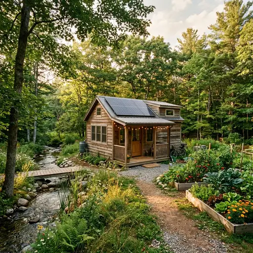 Tiny house in a rural setting with solar panels and a garden, emphasizing eco-friendly living.